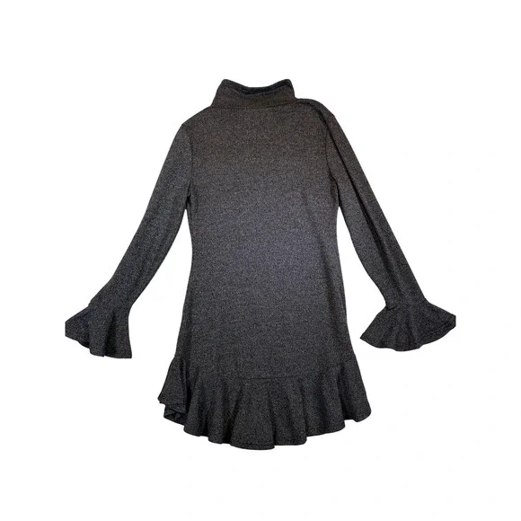 Shilla Womens Mock Neck Ruffle Mini Dress Charcoal Grey Marled Bell Sleeve L - Picture 2 of 5